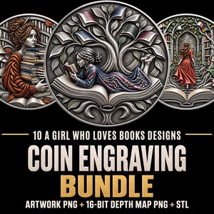 Könnte beinhalten: Eine digitale Sammlung mit dem Titel 10 A GIRL WHO LOVES BOOKS DESIGNS COIN ENGRAVING BUNDLE ARTWORK PNG + 16-BIT DEPTH MAP PNG + STL mit drei kreisförmigen Metallrelief-Illustrationen von Personen, die mit Büchern in verschiedenen Szenen interagieren.