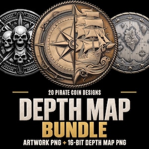 May include: A digital collection of 20 pirate coin designs featuring depth maps. The artwork includes circular medallions with detailed reliefs of skulls, a compass rose, a sailing ship, and a nautical map. Text reads 20 PIRATE COIN DESIGNS DEPTH MAP BUNDLE.