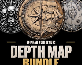 Può includere: Una collezione digitale di 20 design di monete pirata con mappe di profondità. Le illustrazioni includono medaglioni circolari con rilievi dettagliati di teschi, una rosa dei venti, un veliero e una mappa nautica. Testo: 20 PIRATE COIN DESIGNS DEPTH MAP BUNDLE.