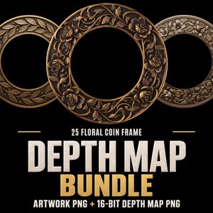 May include: Three circular bronze-toned frames with intricate floral and leaf relief patterns. The text reads: 25 FLORAL COIN FRAME DEPTH MAP BUNDLE ARTWORK PNG + 16-BIT DEPTH MAP PNG. The frames are arranged horizontally against a black background.