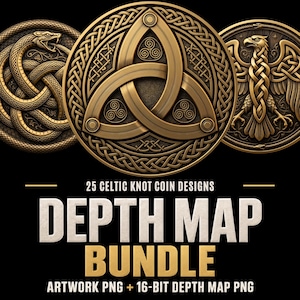 Op de afbeelding: Drie cirkelvormige medaillons in bronskleur met ingewikkelde reliëfs van een kronkelende slang, een centrale triquetra-knoop en een adelaar. De tekst luidt 25 CELTIC KNOT COIN DESIGNS DEPTH MAP BUNDLE ARTWORK PNG + 16-BIT DEPTH MAP PNG.