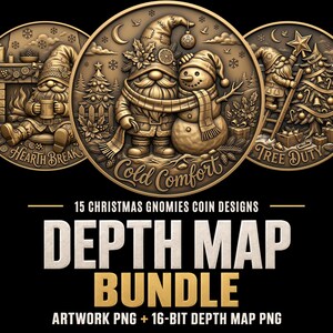 Könnte beinhalten: Eine digitale Sammlung von 15 Weihnachtswichtel-Münzdesigns mit geprägten, kreisförmigen Metallgrafiken. Die mittlere Münze zeigt einen Wichtel und einen Schneemann mit dem Text Cold Comfort. Weitere Münzen zeigen Hearth Break und Tree Duty.
