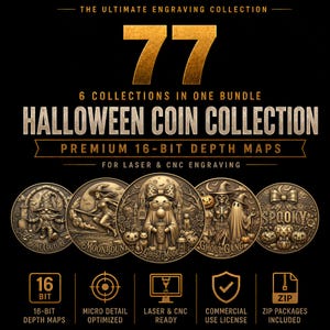 Puede incluir: Un paquete digital de 77 diseños de monedas de Halloween con mapas de profundidad de 16 bits para grabado láser y CNC. La colección incluye cinco gráficos circulares de monedas con temas espeluznantes y texto descriptivo.