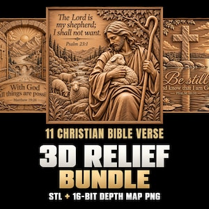 May include: A collection of three wooden-style 3D relief carvings featuring religious imagery and Bible verses. The central panel depicts a figure holding a lamb with the text The Lord is my shepherd; I shall not want. Psalm 23:1. Text reads 11 Christian Bible Verse 3D Relief Bundle.