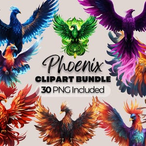 Phoenix aquarelle PNG Sublimation mythique oiseau Art PNG Bundle dessins fougueux Fantasy Art imprimable Decor ambiance mythique Phoenix PNG Clipart