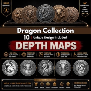 May include: A collection of ten dragon-themed designs, presented as depth maps. The image features detailed illustrations of dragons in various styles, suitable for laser engraving. The text includes "Dragon Collection" and "Depth Maps."