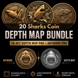 Shark Depth Maps For Coin Engraving: 20 Grayscale PNG, CNC Relief Heightmaps