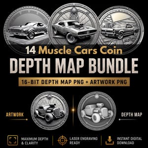 Classic Cars Coin Depth Map Bundle: 3D Depth Maps for Laser Engraving (PNG + Depthmaps)