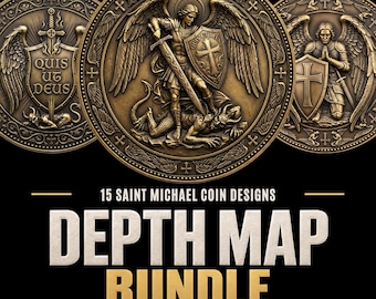 15 Saint Michael Coin Depth Maps: 15 Archangel Design for Laser Engraving PNGs