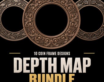 Può includere: Tre cornici circolari color bronzo con intricati motivi floreali in rilievo e volute. Il testo recita 10 COIN FRAME DESIGNS DEPTH MAP BUNDLE ARTWORK PNG + 16-BIT DEPTH MAP PNG. Le cornici sono posizionate su uno sfondo nero solido.