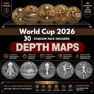 May include: A digital collection of World Cup 2026 depth maps featuring five circular designs with bronze-toned relief illustrations of soccer trophies, stadiums, and players, alongside five corresponding grayscale 16-bit PNG depth map versions.