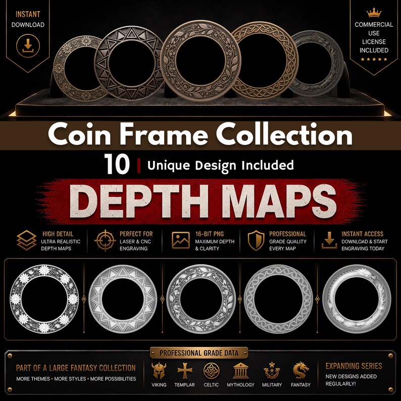 Map Coin Design Coin Frame Depth Map Bundle: 3D Embossing Depth Maps for Laser ...