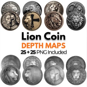 Lion Coin Depth Map Pack: 3D Depth Maps for Laser Engraving (PNG + Depthmaps)