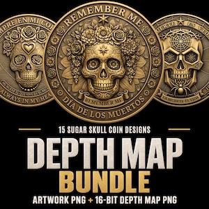 Könnte beinhalten: Eine digitale Sammlung von 15 Totenkopf-Münzdesigns mit komplexen Reliefmustern aus Schädeln, die mit Blumen und Spinnennetzen verziert sind. Der Text lautet 15 SUGAR SKULL COIN DESIGNS DEPTH MAP BUNDLE ARTWORK PNG + 16-BIT DEPTH MAP PNG.