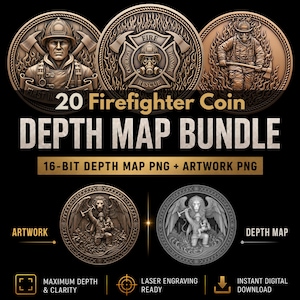 Firefighter Coin Depth Map Bundle: 3D Depth Maps for Laser Engraving (PNG + Depthmaps)