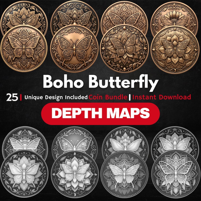 Boho Butterfly Coin Depth Map Bundle: 3D Embossing Depth Maps for Laser ...