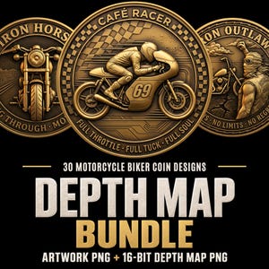 Könnte beinhalten: Eine Sammlung von drei kreisförmigen bronzefarbenen Medaillons mit geprägten Motorradmotiven. Die mittlere Münze zeigt einen Fahrer auf einem Café-Racer-Motorrad mit der Nummer 69, umgeben vom Text CAFE RACER, FULL THROTTLE, FULL TUCK, FULL SOUL.