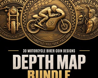 Motorcycle Biker Depth Maps For Coin Engraving: 30 Laser Engraving Designs