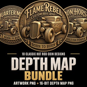 Könnte beinhalten: Eine digitale Grafik mit drei kreisförmigen, bronzefarbenen Medaillons mit geprägten Hot-Rod-Auto-Designs. Das mittlere Medaillon zeigt ein Auto mit dem Text Flame Rebel, Custom Hot Rod und Born to Burn. Darunter steht der Text 10 Classic Hot Rod Coin Designs, Depth Map Bundle, Artwork PNG + 16-Bit Depth Map PNG.