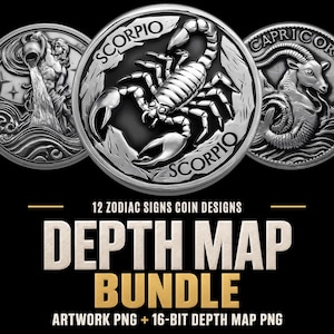 May include: Three circular silver-toned coins featuring embossed zodiac signs: Aquarius pouring water, a central Scorpio with its tail raised, and Capricorn. The text reads 12 ZODIAC SIGNS COIN DESIGNS DEPTH MAP BUNDLE ARTWORK PNG + 16-BIT DEPTH MAP PNG.