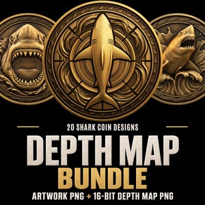 Pode incluir: Três medalhões circulares em tom dourado com imagens de tubarões em relevo, incluindo uma vista superior e dois perfis com bocas abertas. O texto diz 20 SHARK COIN DESIGNS DEPTH MAP BUNDLE ARTWORK PNG + 16-BIT DEPTH MAP PNG.