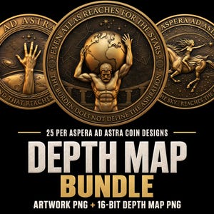 Könnte beinhalten: Eine digitale Sammlung von 25 Per Aspera Ad Astra Münzdesigns mit Reliefdarstellungen von Atlas, der einen Globus trägt, einer Hand, die nach Sternen greift, und einer Figur auf einem Pferd. Der Text lautet 25 PER ASPERA AD ASTRA COIN DESIGNS DEPTH MAP BUNDLE.
