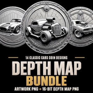 Könnte beinhalten: Drei kreisförmige Silbermünzen mit geprägten Oldtimer-Motiven, darunter ein Hot Rod und Sportwagen. Der Text lautet 14 CLASSIC CARS COIN DESIGNS DEPTH MAP BUNDLE ARTWORK PNG + 16-BIT DEPTH MAP PNG vor einem einfarbigen schwarzen Hintergrund.