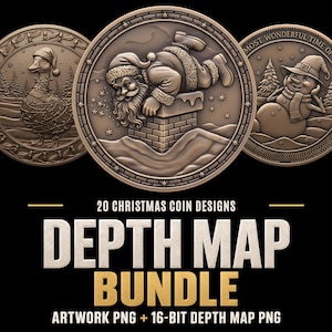 May include: A collection of three circular bronze-toned coins featuring embossed holiday imagery including a goose wrapped in lights, Santa Claus entering a chimney, and a snowman. Text reads 20 CHRISTMAS COIN DESIGNS DEPTH MAP BUNDLE ARTWORK PNG + 16-BIT DEPTH MAP PNG.