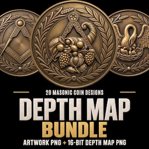 May include: A collection of three circular bronze-toned coins featuring embossed designs including a square and compass, a cornucopia, and a pelican in its piety. The text reads 20 MASONIC COIN DESIGNS DEPTH MAP BUNDLE ARTWORK PNG + 16-BIT DEPTH MAP PNG.