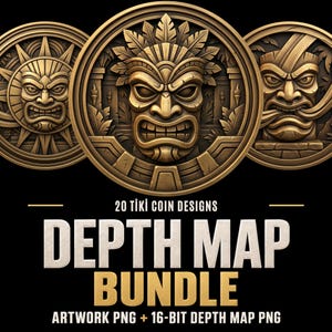 Puede incluir: Una colección digital de 20 diseños de monedas Tiki con relieves circulares en tonos bronce con rostros tallados y patrones intrincados. El texto dice 20 TIKI COIN DESIGNS DEPTH MAP BUNDLE ARTWORK PNG + 16-BIT DEPTH MAP PNG sobre fondo negro.