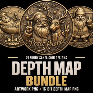 Puede incluir: Una colección de tres monedas circulares en relieve de tono bronce con Santa Claus y un reno. La moneda central muestra a Santa y un reno con gafas en forma de corazón con el texto Peace Prance. El texto 21 Funny Santa Coin Designs Depth Map Bundle Artwork PNG + 16-bit Depth Map PNG se muestra debajo.