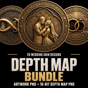 May include: A digital collection of 20 wedding coin designs featuring bronze-toned circular medallions with embossed imagery of a couple kissing, infinity symbols, and wedding rings, accompanied by the text 20 WEDDING COIN DESIGNS DEPTH MAP BUNDLE.