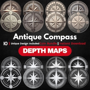Vintage Compass Coin Depth Map Bundle: 3D Depth Maps for Laser Engraving (PNG + Depthmaps)