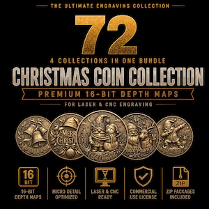 Könnte beinhalten: Ein digitales Paket mit 72 Weihnachtsmünzen-Designs für Laser- und CNC-Gravuren. Die Grafik zeigt goldfarbene, kreisförmige Münzillustrationen mit weihnachtlichen Motiven wie Glocken, Gnomen, Schneemännern und Rentieren sowie beschriftetem Text.