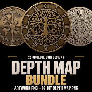 May include: A digital collection of 25 3D clock coin designs featuring circular metallic tokens with Roman numerals. The central coin displays a tree of life over gears, flanked by a world map compass coin and a geometric mandala pattern coin.