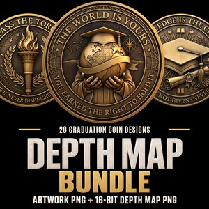Peut inclure: Un ensemble de trois pièces de graduation circulaires aux tons bronze présentant des motifs en relief d'un globe avec une toque, une torche enflammée et un diplôme avec une toque. Le texte indique 20 GRADUATION COIN DESIGNS DEPTH MAP BUNDLE.