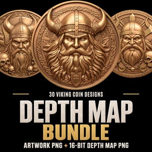 Puede incluir: Una colección digital de 30 diseños de monedas vikingas con retratos en relieve de guerreros barbudos con cascos con cuernos. El paquete incluye archivos PNG de arte y mapas de profundidad de 16 bits, con el texto 30 VIKING COIN DESIGNS DEPTH MAP BUNDLE.