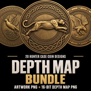 May include: A digital collection of 20 hunter case coin designs featuring embossed metallic reliefs of a leaping panther, a bird in flight, and an eagle. The text reads 20 HUNTER CASE COIN DESIGNS DEPTH MAP BUNDLE ARTWORK PNG + 16-BIT DEPTH MAP PNG.
