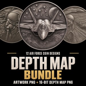 Puede incluir: Una colección de tres monedas metálicas circulares con imágenes de aviación militar en relieve, incluyendo un avión de combate, un piloto con casco y máscara de oxígeno, y estrellas. El texto dice 12 AIR FORCE COIN DESIGNS DEPTH MAP BUNDLE ARTWORK PNG + 16-BIT DEPTH MAP PNG.