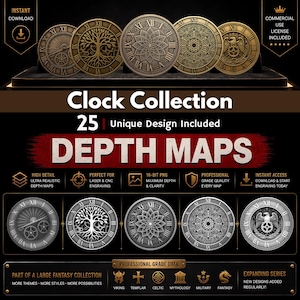 Puede incluir: Una colección de diseños de relojes con números romanos y detalles intrincados. La imagen muestra varias esferas de reloj circulares con diferentes patrones, incluyendo un árbol, engranajes y un diseño floral. El texto dice "Clock Collection" y "Depth Maps".