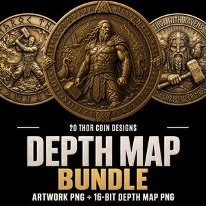 Könnte beinhalten: Eine digitale Sammlung von 20 Thor-Münzdesigns mit geprägten, bronzefarbenen runden Medaillons mit nordischer Symbolik, darunter eine stehende Figur, ein hammerführender Krieger und Raben, bezeichnet als Depth Map Bundle mit Artwork-PNG-Dateien.