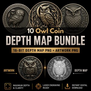 Owl Coin Depth Map Bundle: 3D Depth Maps for Laser Engraving (PNG + Depthmaps)