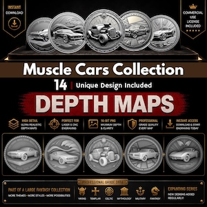 Könnte beinhalten: Eine Sammlung von 14 einzigartigen Muscle-Car-Designs, dargestellt als Tiefenkarten. Das Bild zeigt detaillierte Illustrationen klassischer Autos in einem kreisförmigen, münzartigen Format, mit Text, der sofortigen Download und kommerzielle Nutzungslizenzen anzeigt.