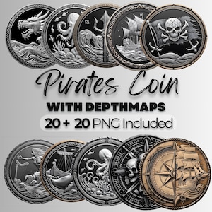 Lot de pièces de monnaie laser pirates, carte de profondeur 3D Trésor des pirates, pièce de gravure laser 3D, pièce de monnaie en laiton, découpe laser, pièce vintage réaliste, pièce en niveaux de gris