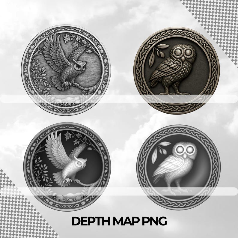 Owl Coin Depth Map Bundle: 3D Depth Maps for Laser Engraving (PNG ...