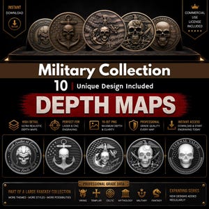 Puede incluir: Una colección de diez mapas de profundidad con temática militar. Cada mapa presenta un diseño detallado con una calavera, un ancla u otras imágenes relacionadas con el ejército. Se muestra el texto "Military Collection" y "Depth Maps".