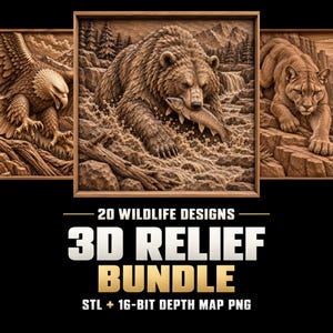 May include: A digital collection titled 20 WILDLIFE DESIGNS 3D RELIEF BUNDLE STL + 16-BIT DEPTH MAP PNG. The image displays three wood-carved style relief panels featuring a bald eagle, a grizzly bear catching a fish, and a mountain lion.