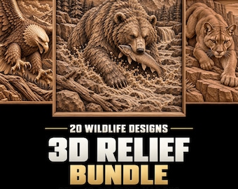 20 Wildlife Animals 3D Relief STL Bundle: Realistic Animal Engraving File for CNC Router Wood Carving, 3D Print Laser Engrave