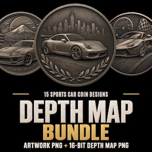 Könnte beinhalten: Drei kreisförmige, bronzefarbene Münzen mit geprägten Sportwagenmotiven. Die mittlere Münze zeigt ein Auto vor einer Skyline mit Lorbeerkranz. Die linke Münze zeigt ein Auto mit Berg, die rechte ein Auto mit Tachometer und Zielflagge. Text: 15 SPORTS CAR COIN DESIGNS DEPTH MAP BUNDLE ARTWORK PNG + 16-BIT DEPTH MAP PNG.