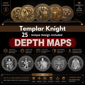 Op de afbeelding: Een digitale download met 25 unieke Templar Knight dieptekaartontwerpen. De afbeelding toont gedetailleerde, hoogwaardige ontwerpen, perfect voor lasergraveren, met een commerciële gebruikslicentie inbegrepen. De ontwerpen omvatten Viking, Keltische en Mythologie thema's.